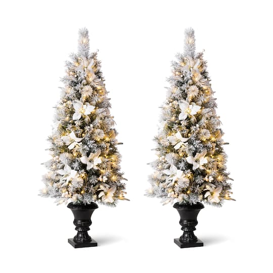 5ft. Pre-Lit Flocked Pine Artificial Christmas Tree in Planter Set, Warm White LED Lights